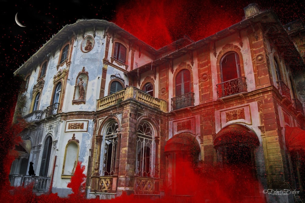 a collage created by Evelyn Dortch depicting an abandoned house with a black cat, a crescent moon and glowing flames
