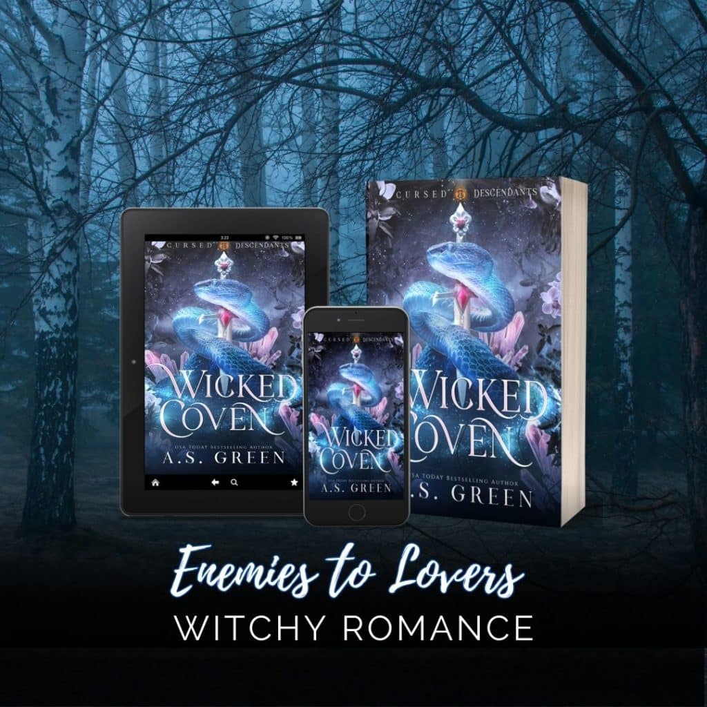 Enemies to Lovers Witchy Romance Book covers for Wicked Coven by A. S. Green with a background of spooky trees