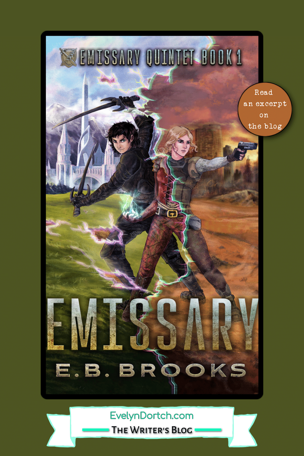 Book cover for Emissary by E. B. Brooks two men in fantasy armor with swords.