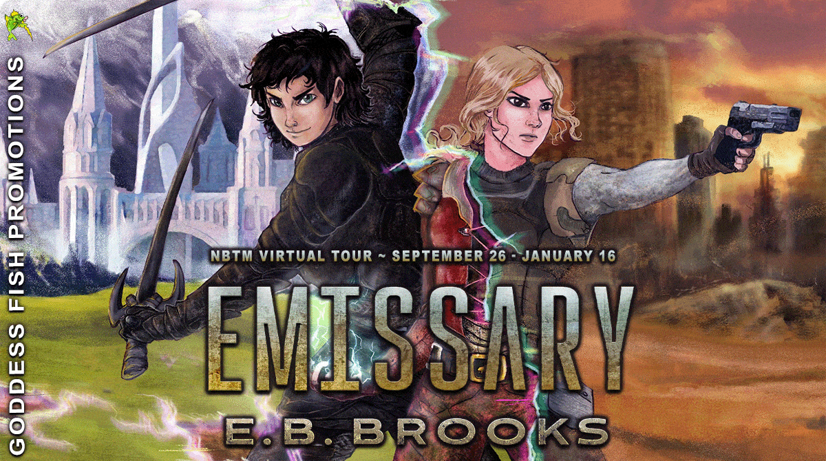 Banner from Goddessfish for the book Emissary tour shows the book cover