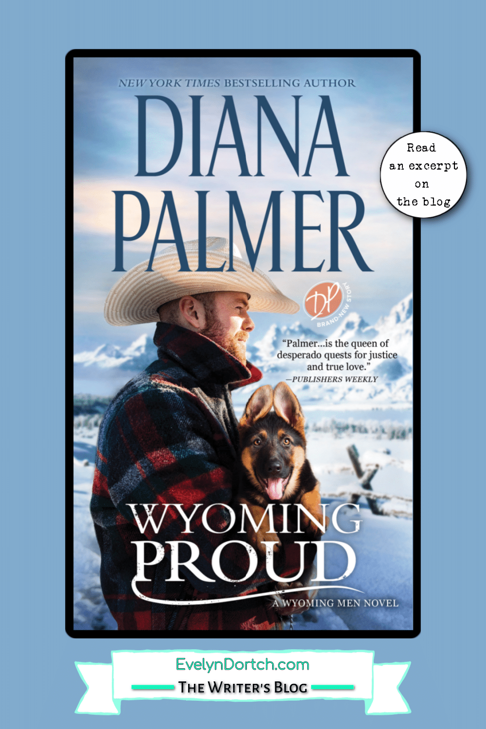 cover of the book Wyoming Proud by Diana Palmer a man holding a dog wearing a cowboy hat in the snow