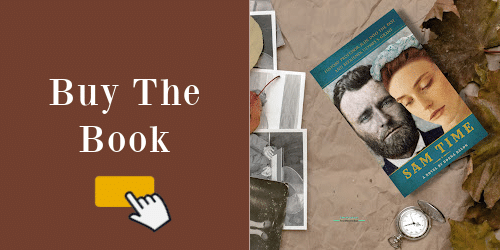 a banner with an image of the book Sam Time by Donna Balon on a table with leaves and phots on one side and on the other side the words buy the book