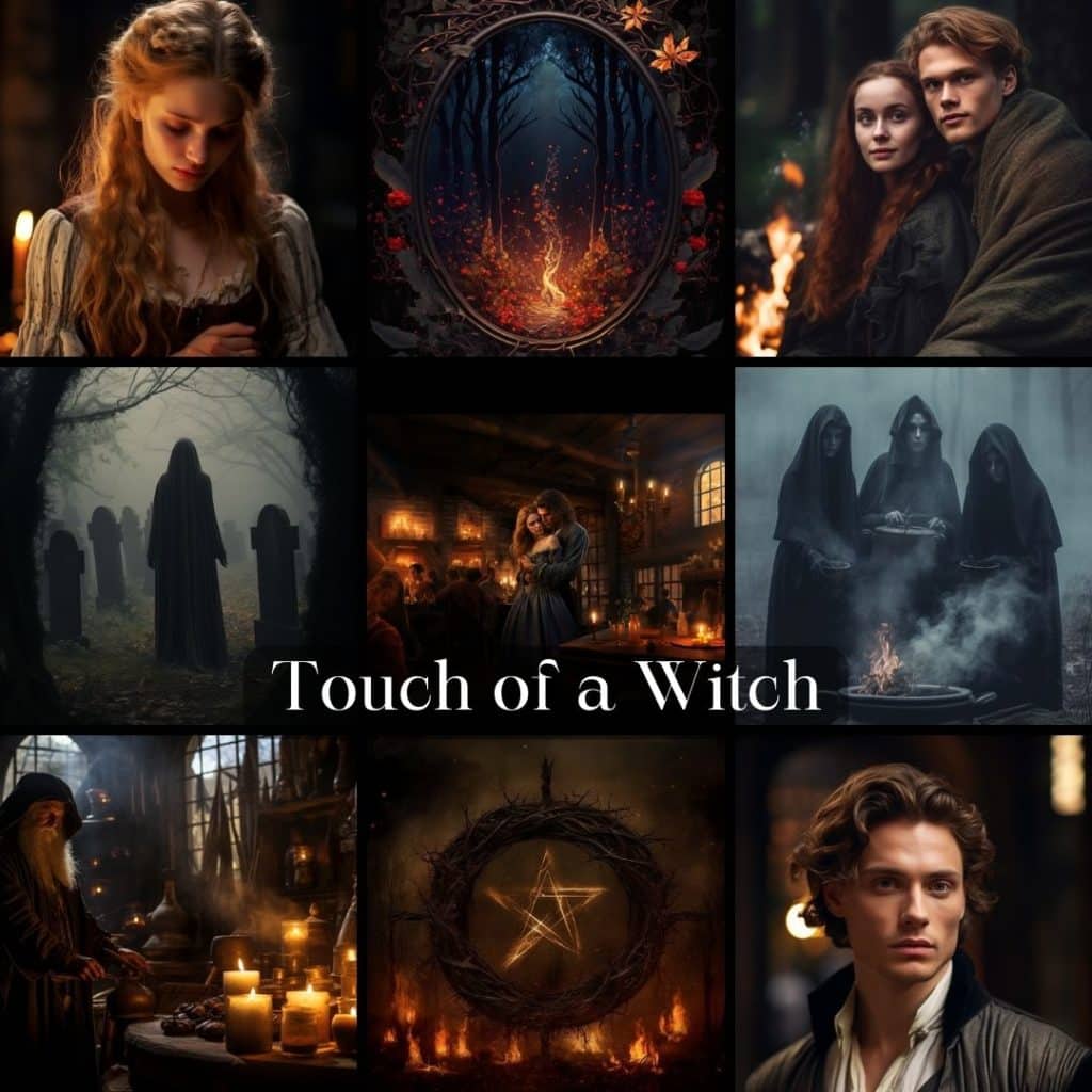 collage of witches dark awstics women and men with the words Touch of a Witch