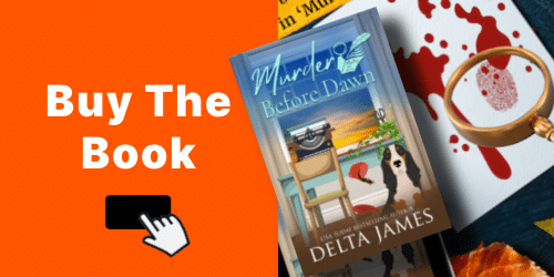 By the book banner with blood splatter and a magnifying glass and the book Murder before Dawn by Delta James