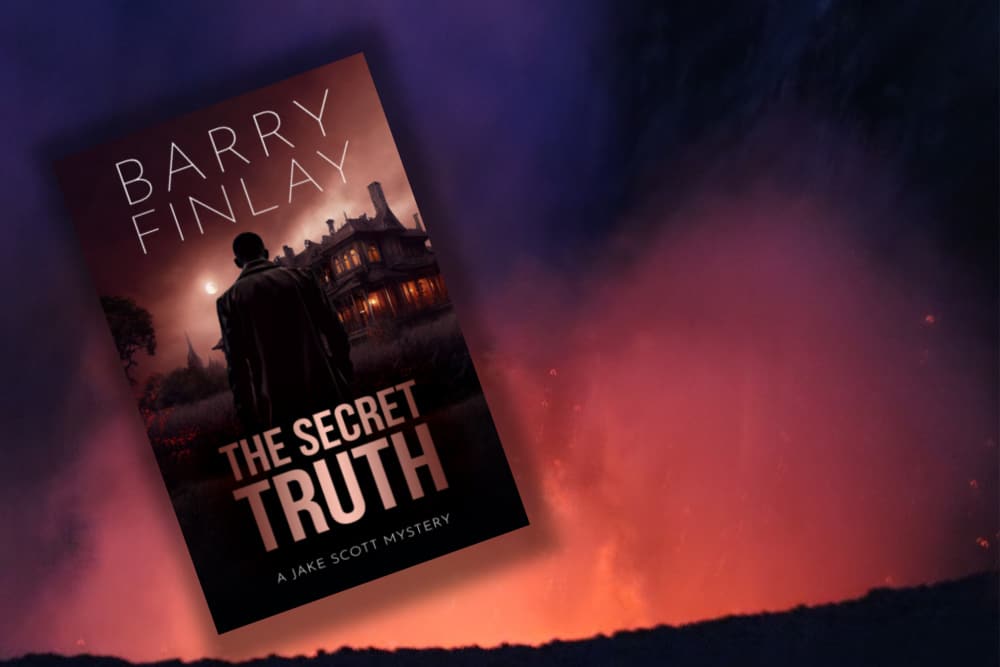 The Secret Truth by Barry Finlay book with a back ground of a fire sky and an explosion