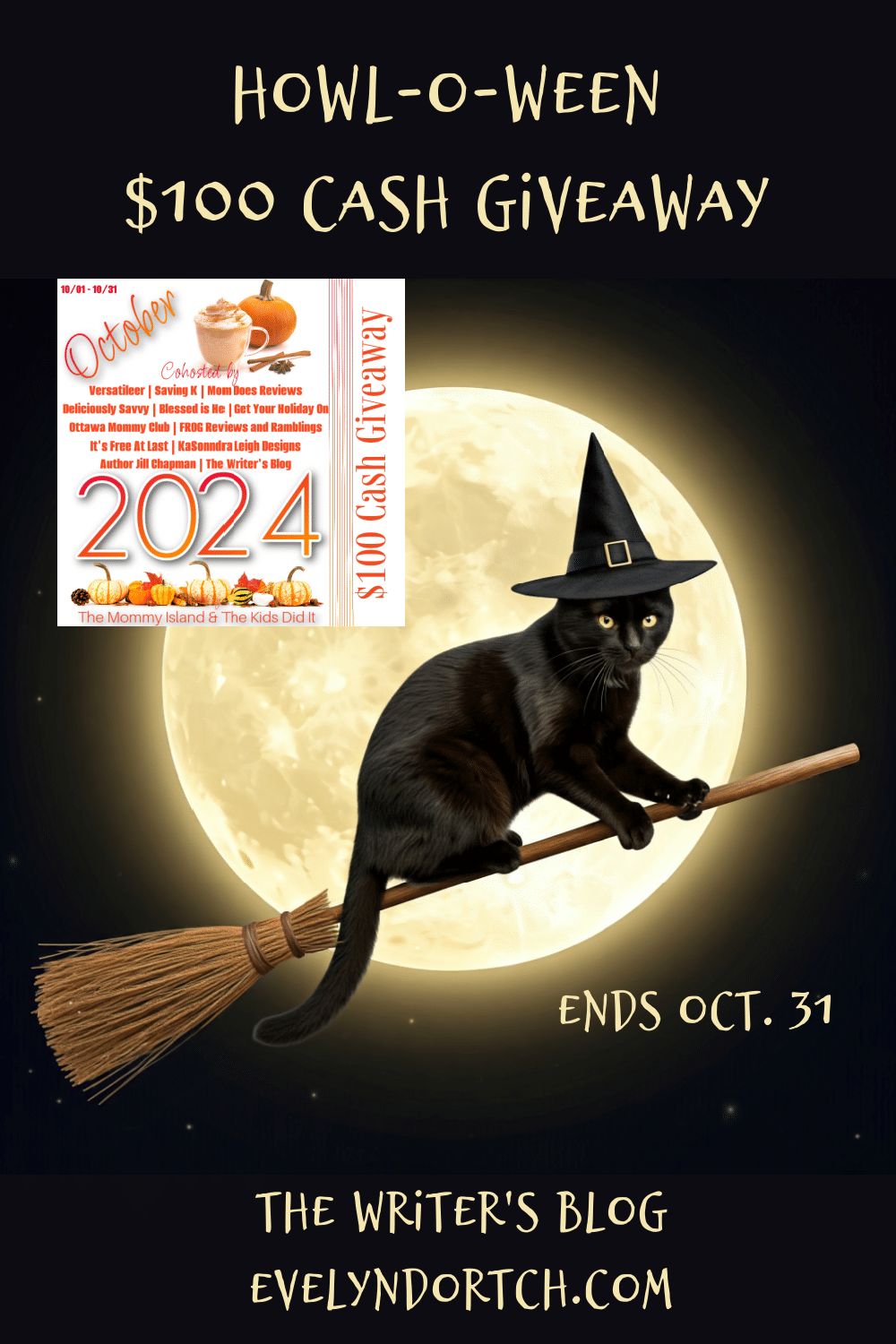 Umbreon the cat riding a broom in front of a full moon wearing a witch hat