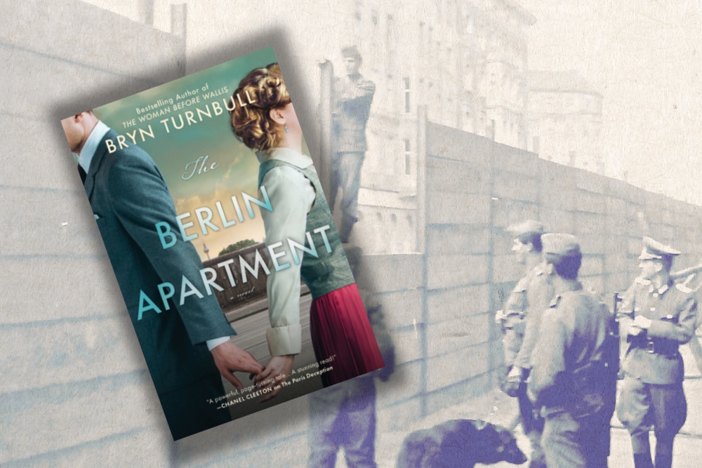 The book The Berlin Apartment overlayed on a photo form 1961 of the actual Berlin Wall being built.
