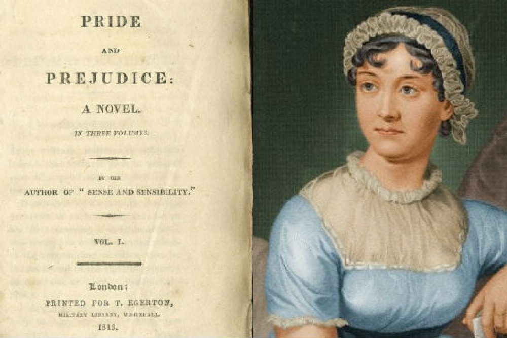 Portrait of Jane Austen and the title page of Pride and Prejudice