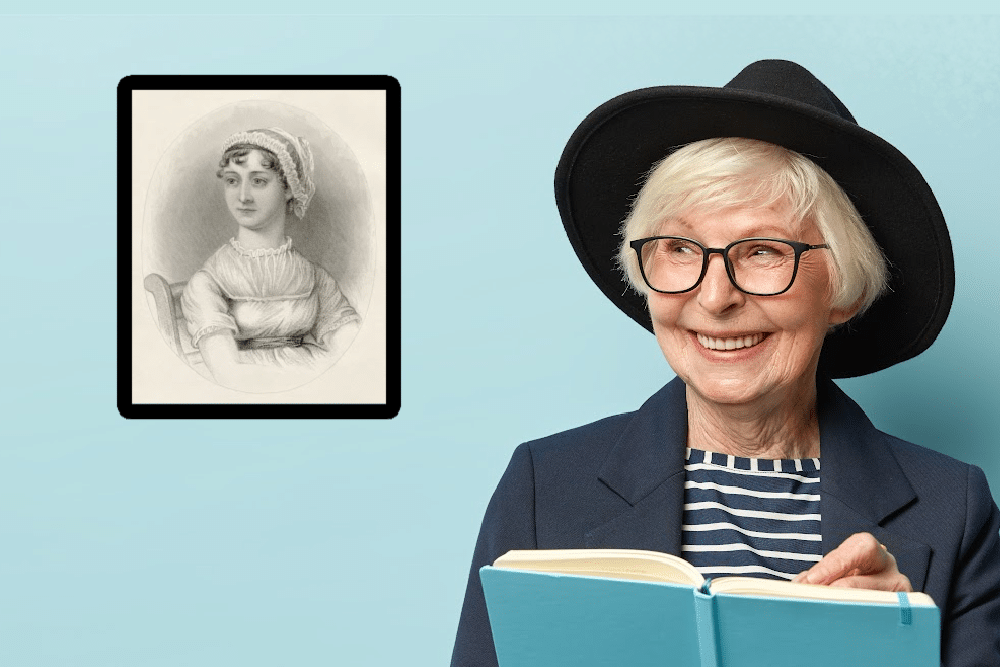 Woman over 50 writer writing in a journal standing beside a portrait of Jane Austen