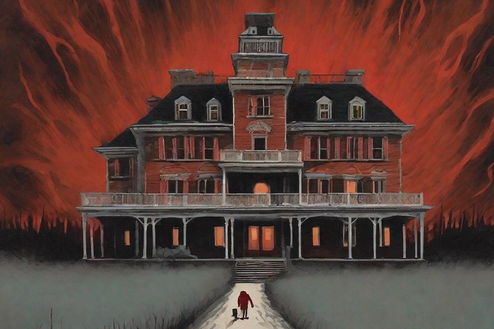 large gothic victoran house with flames behind it and a father and child walking toward it