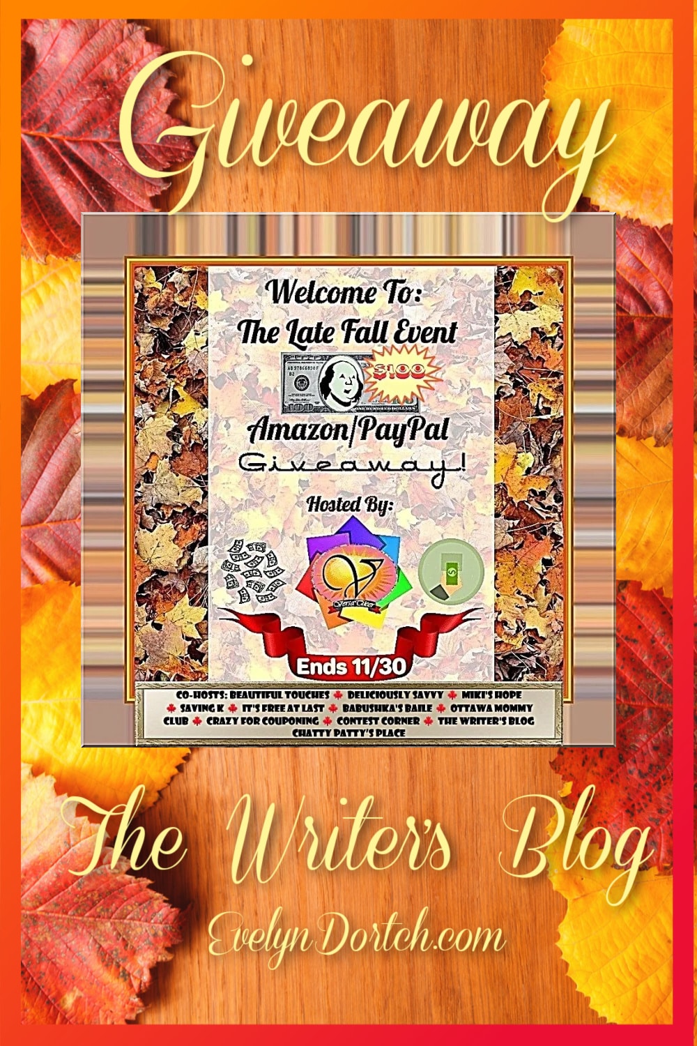 image for pinterest of fall leaves and a banner for the late fall giveaway listing all the blogs involved
