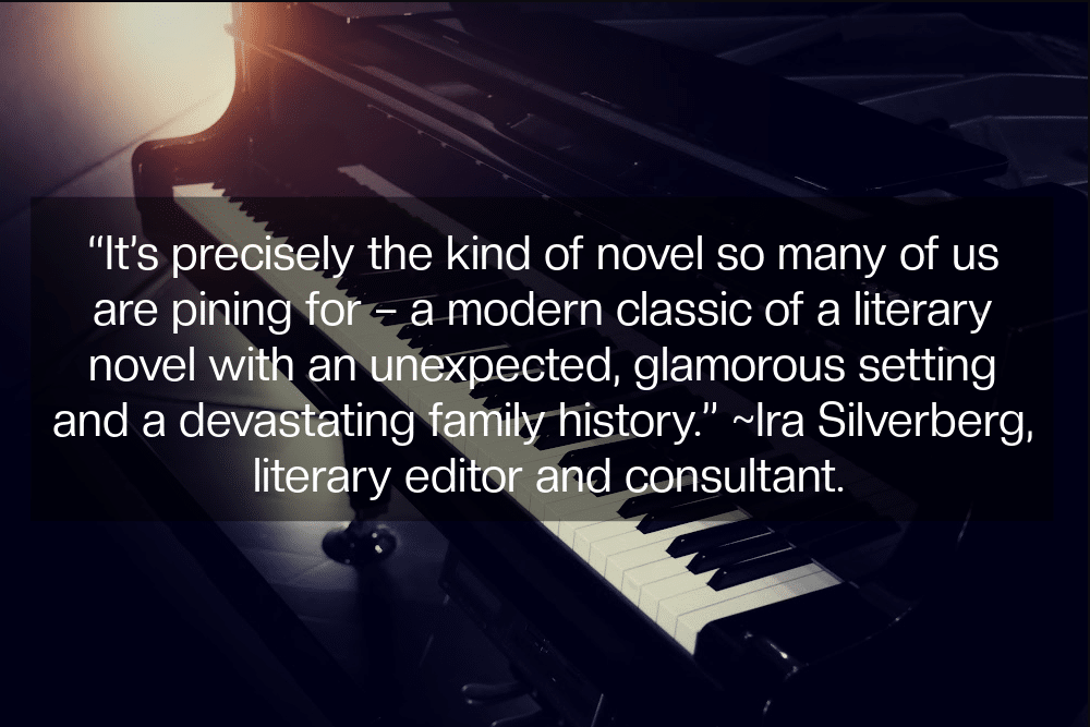 piano with a quote praising the book written on it