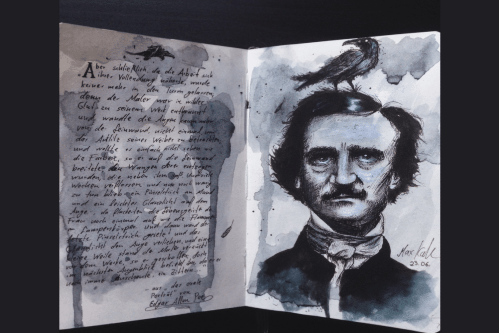 inside a sketchbook art journal writing and an image of edgar Allen poe with a raven on his head.