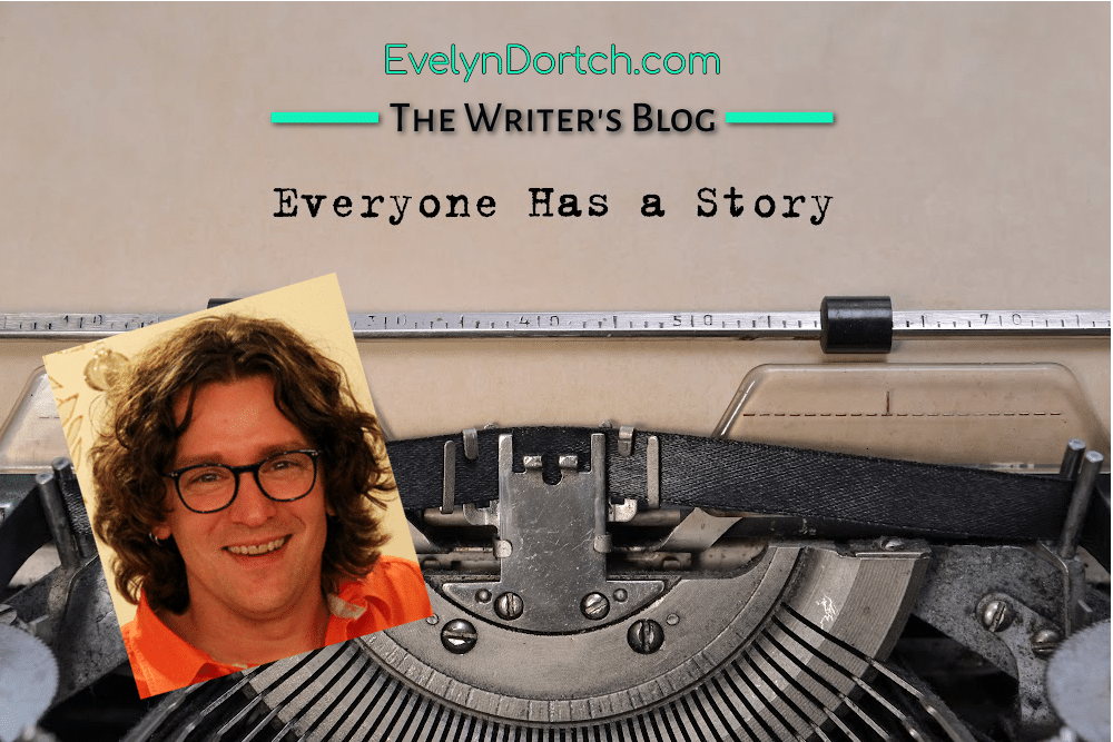 Writer's Talking EVeryone has a story written by a typewriter a photo of Damian Serbu overlayed on the typewriter.