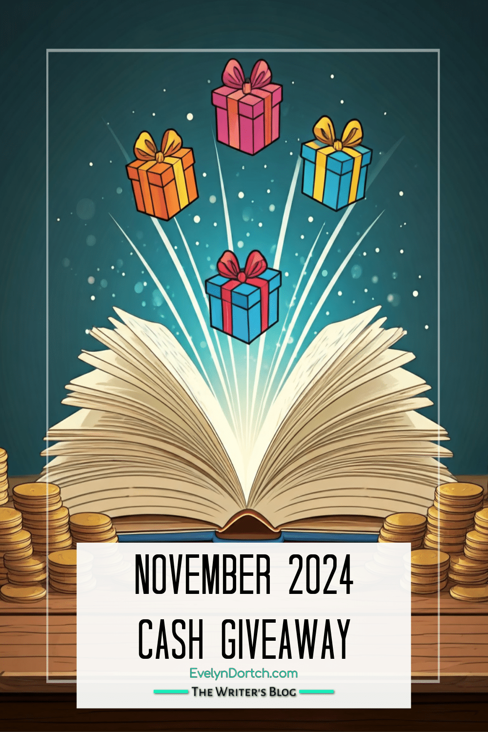 an open book with coins stacked and gifts flying out of the book