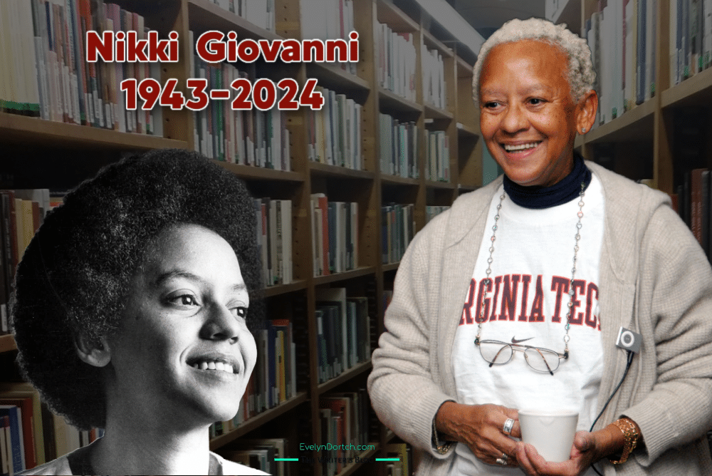 Young and old Nikki Giovanni looking at each other. Background of library books. Feature image for my tribute. How Nikki Giovanni Inspired Me to Speak My Truth Through Poetry?