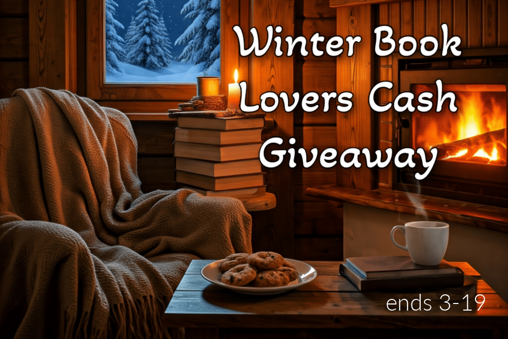 cozy fireplacw with a chair and a table with cookies and hot tea snow outside the window and books stacked with a candle