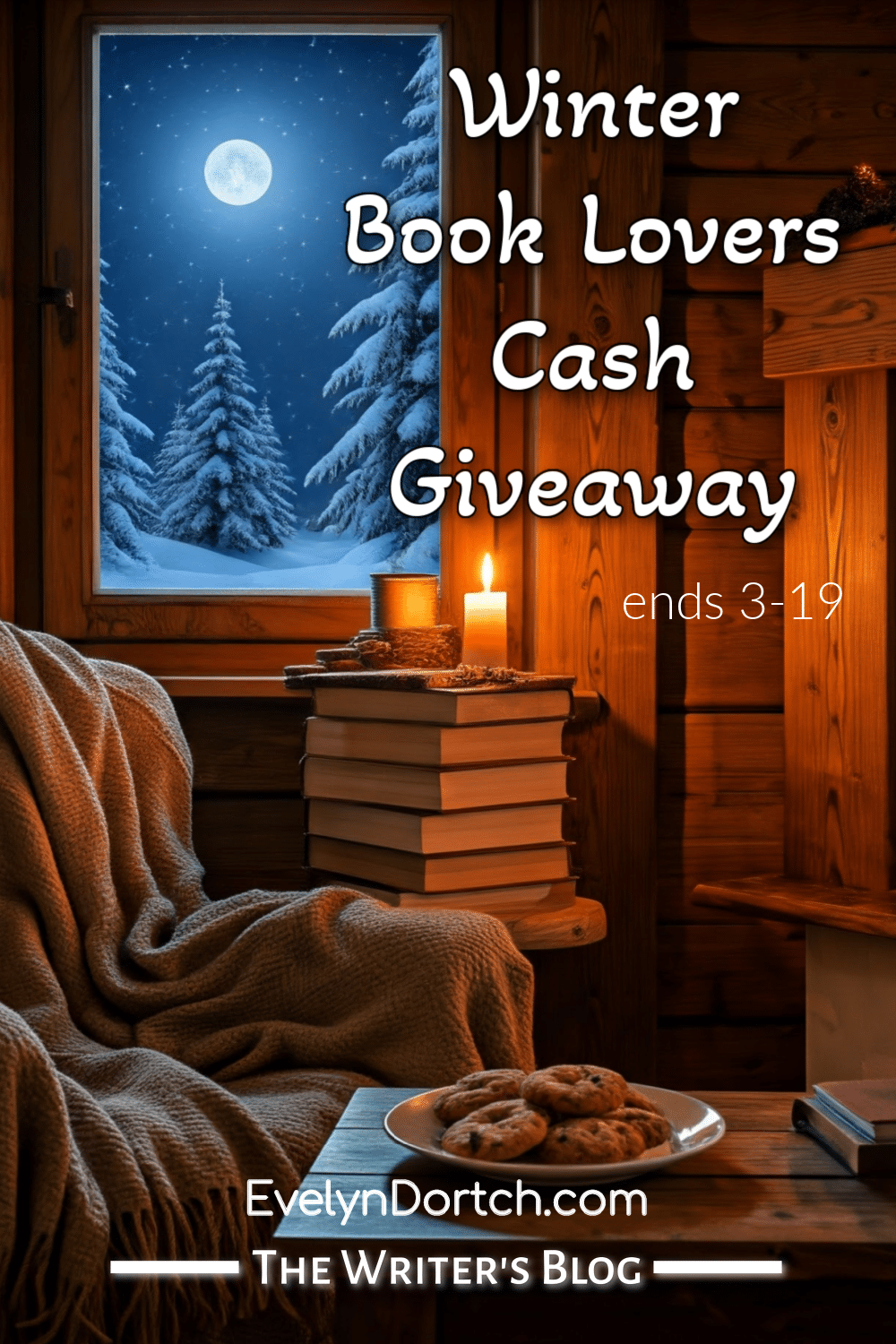 cozy reading nook with a candle and snow and moon outside the window the words Book Lovers Cash Giveaway