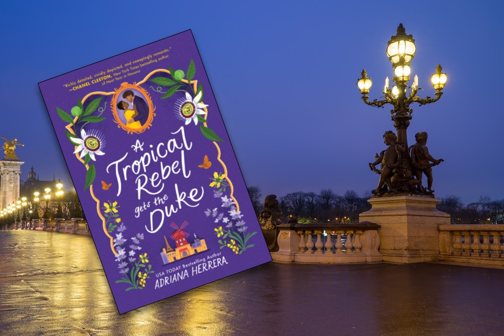 The tropical rebel and the duke book overlayed over a night scene of paris