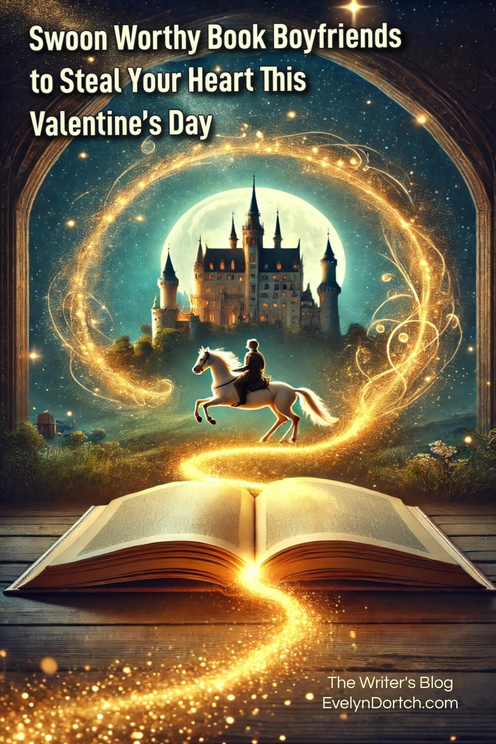 Swoon worthy book boyfriends for valentine's day an open book with a spraking path leading the a knight on a white horse in front of a castle AI generated image