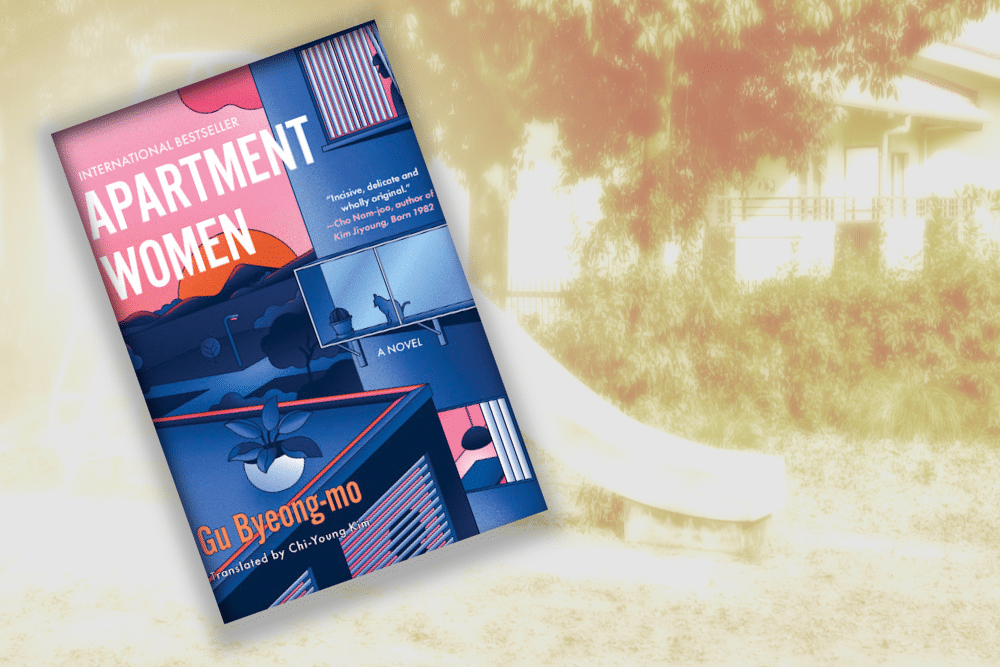 book apartment women withe a blurred old photo background