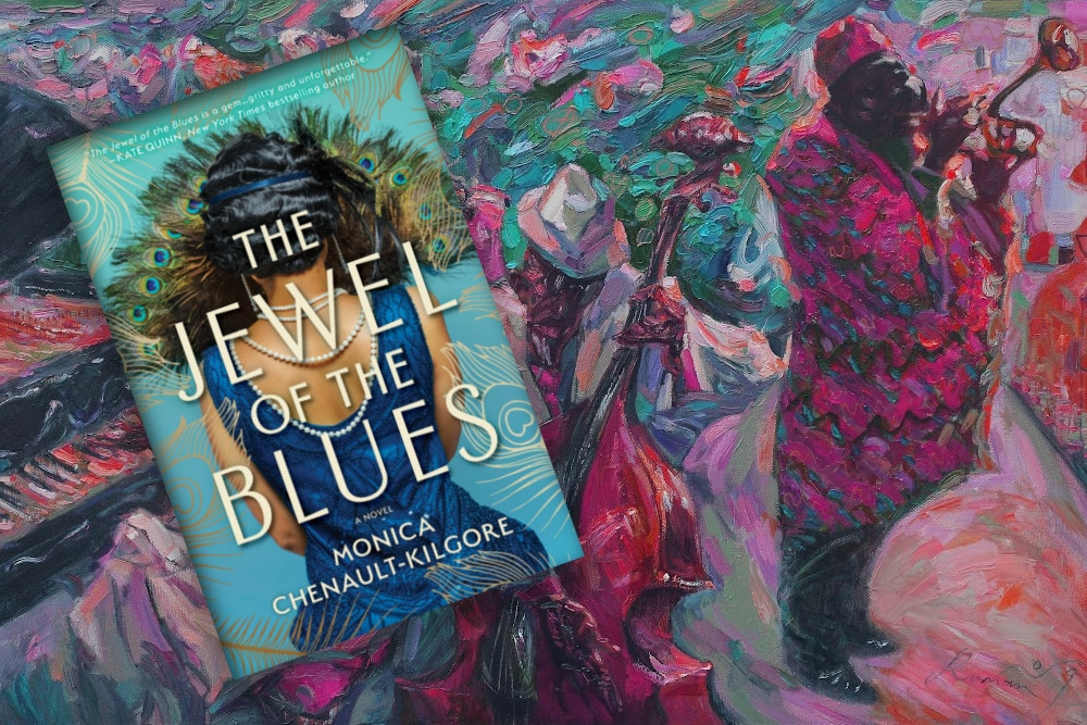 The book The Jewel of the Blues on a background of a painting of a jazz club