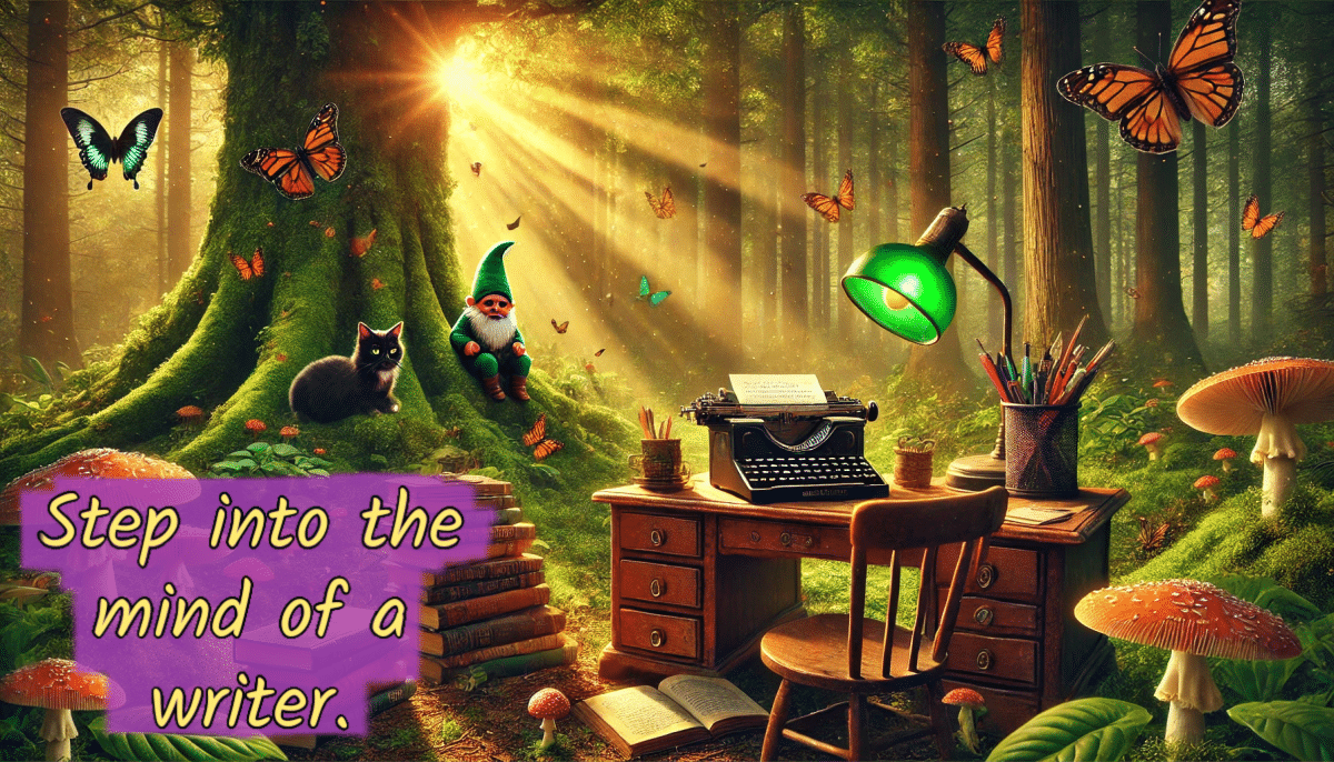 AI generated image about a writer's imagination with a writing desk in a magical woods with butterflies, a gnome and a black cat and the words step in the mind of a writer written in the corner.