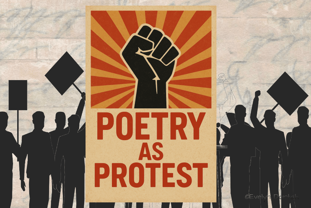 Collage Created by Evelyn Dortch poetry as protest poster with protectors in silhouette and a faded wall of words