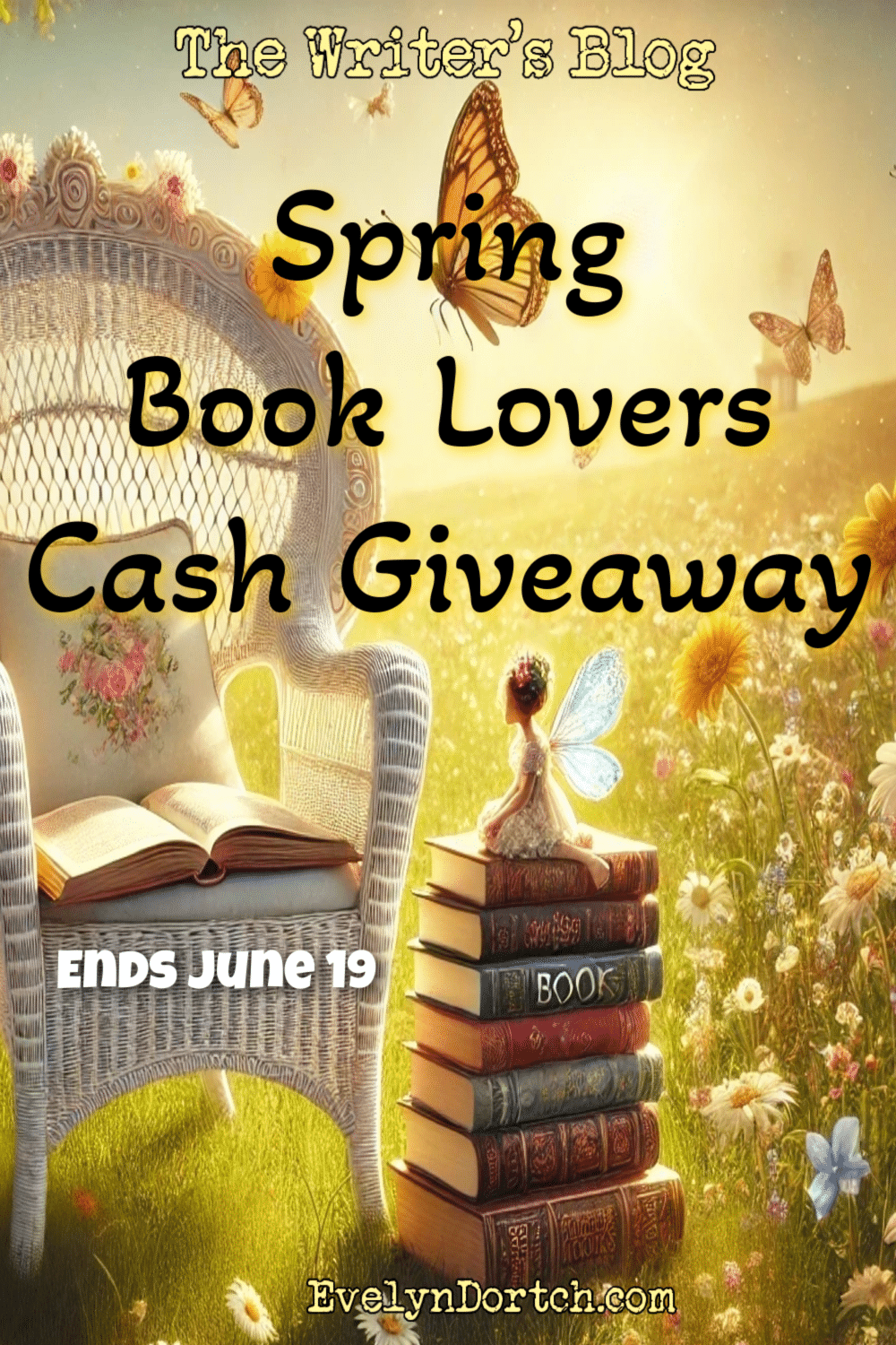 ai imaging of a Spring field full of wild flowers and butterflies a victorian wicker chair with an open book a stakc of books with a fair sitting on them and the words Sppring Book Lovers Cash Giveaway ends June 19
