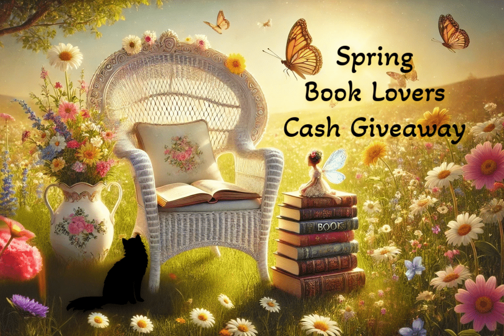 ai imaging of a Spring field full of wild flowers and butterflies a victorian wicker chair with an open book a stakc of books with a fair sitting on them and the words Sppring Book Lovers Cash Giveaway