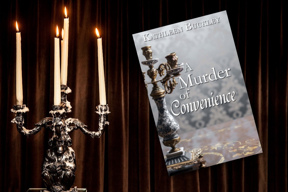 A Murder of Convenience by Kathleen Buckley book cover and a candelabra
