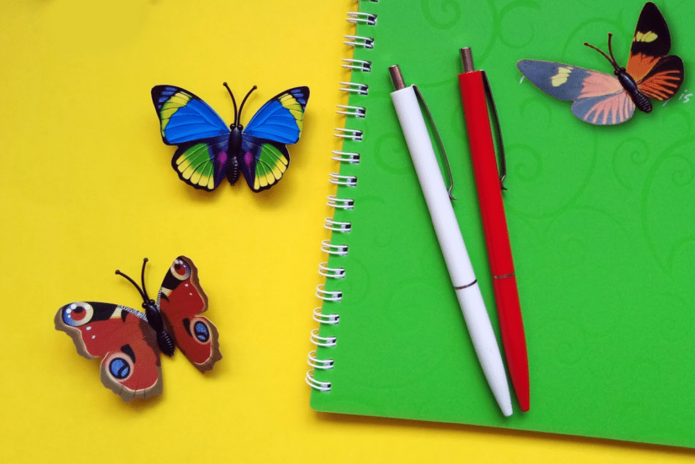 pens and a notebook to write poetry prompts and butterflies