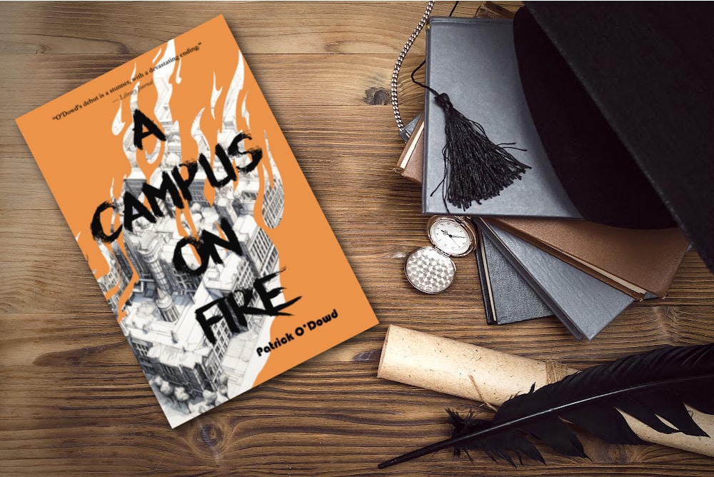 graduation cap, diploma, books and the book A Campus on Fire