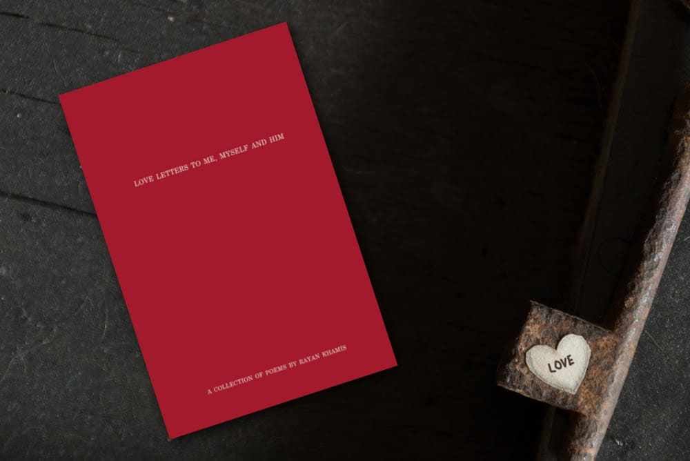 Cover of the collection of poems by Rayan Khamis and a heart key