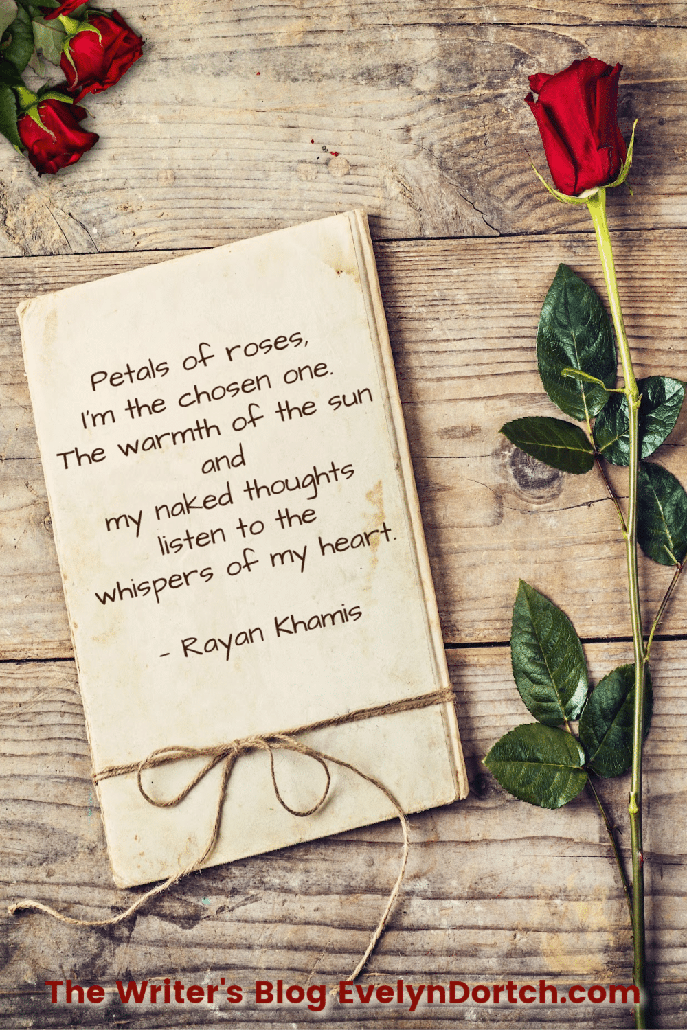 rose and aa stack of papers with a quote from Rayan Khamis