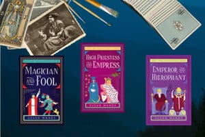 The frist 3 books of the Arcana Oracle Series by Susan Wand a high priestess tarot card image of Pamela Colman Smith and paint brushes