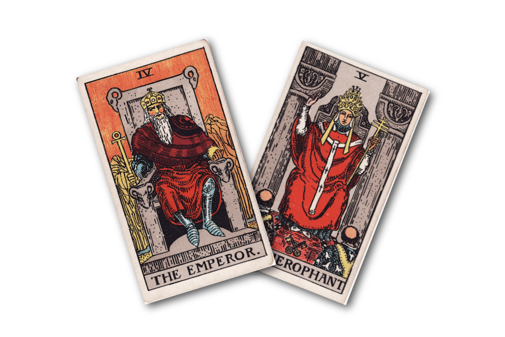 The Emporoer and the hierophant cards from the raider waite smith tarot deck