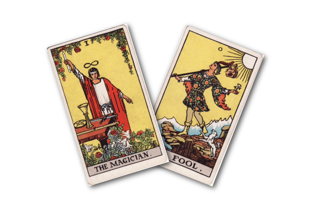 magician and fool tarot cards from the rider Waite smith deck